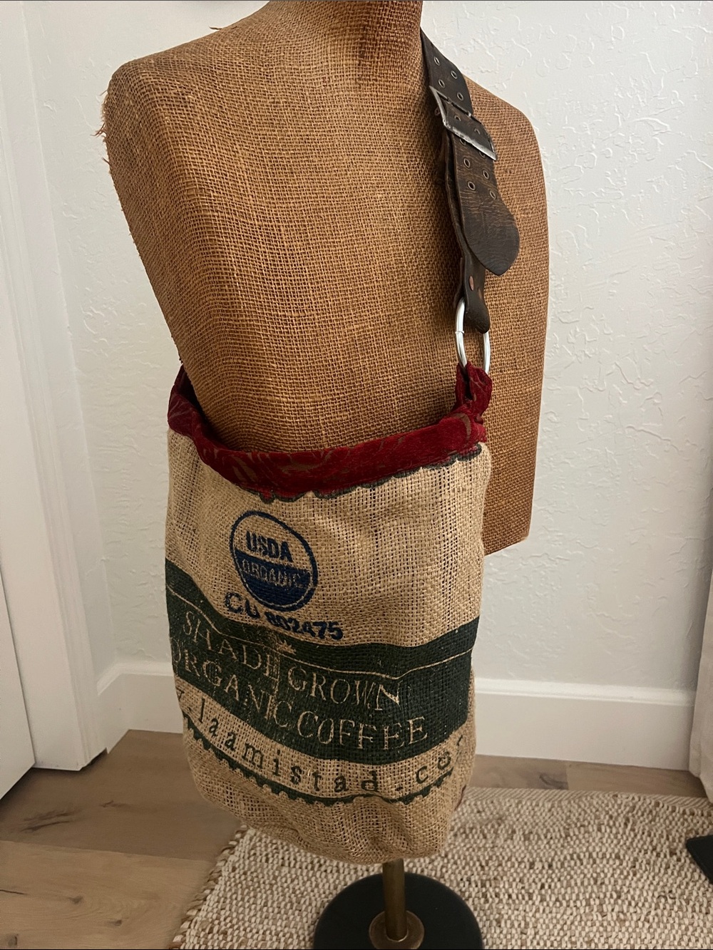 Handmade Burlap Shoulder Bag with Red Brocade Lining and Trim
